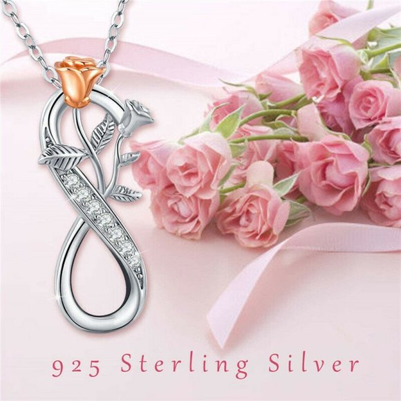 Silver Necklace Infinity Rose Flower Pendant CZ - Picture 2 of 5